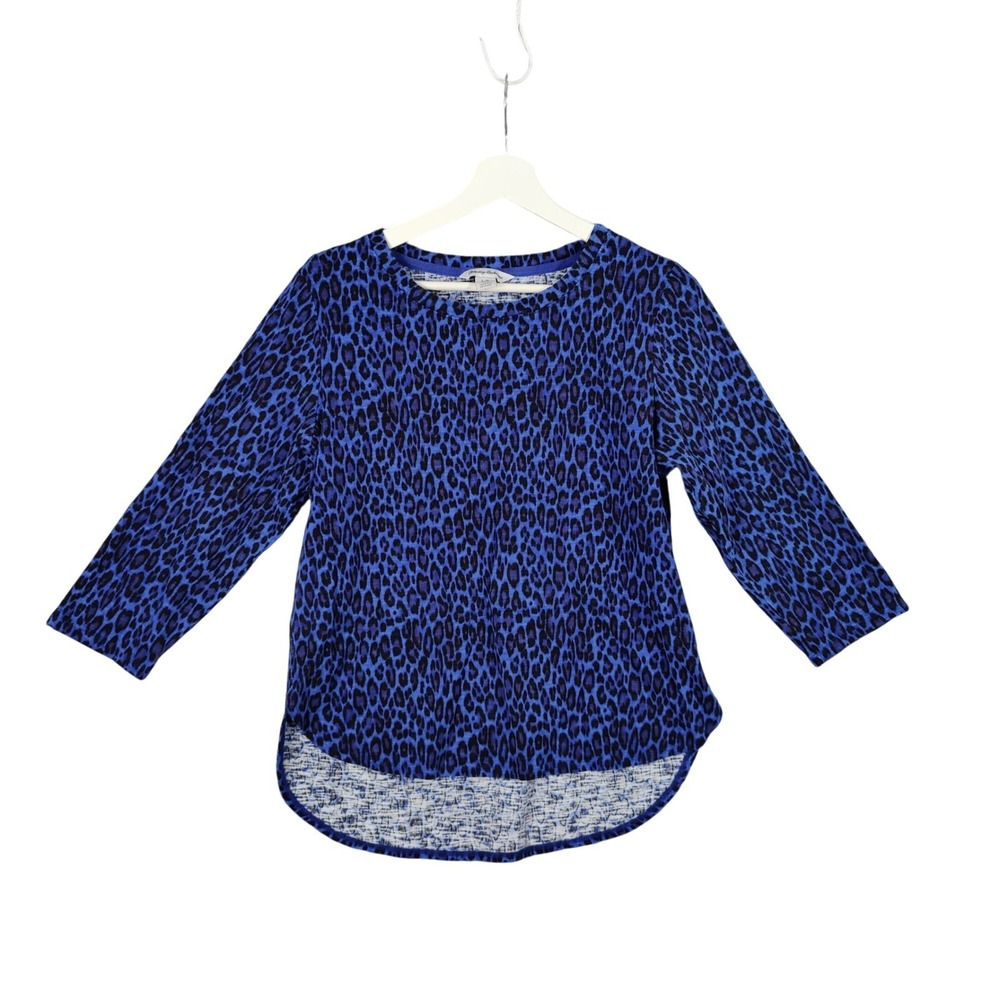 Tommy Bahama Womens Mob Wife Cotton Top L Blue Leopard Print 3/4 Sleeve Shirt